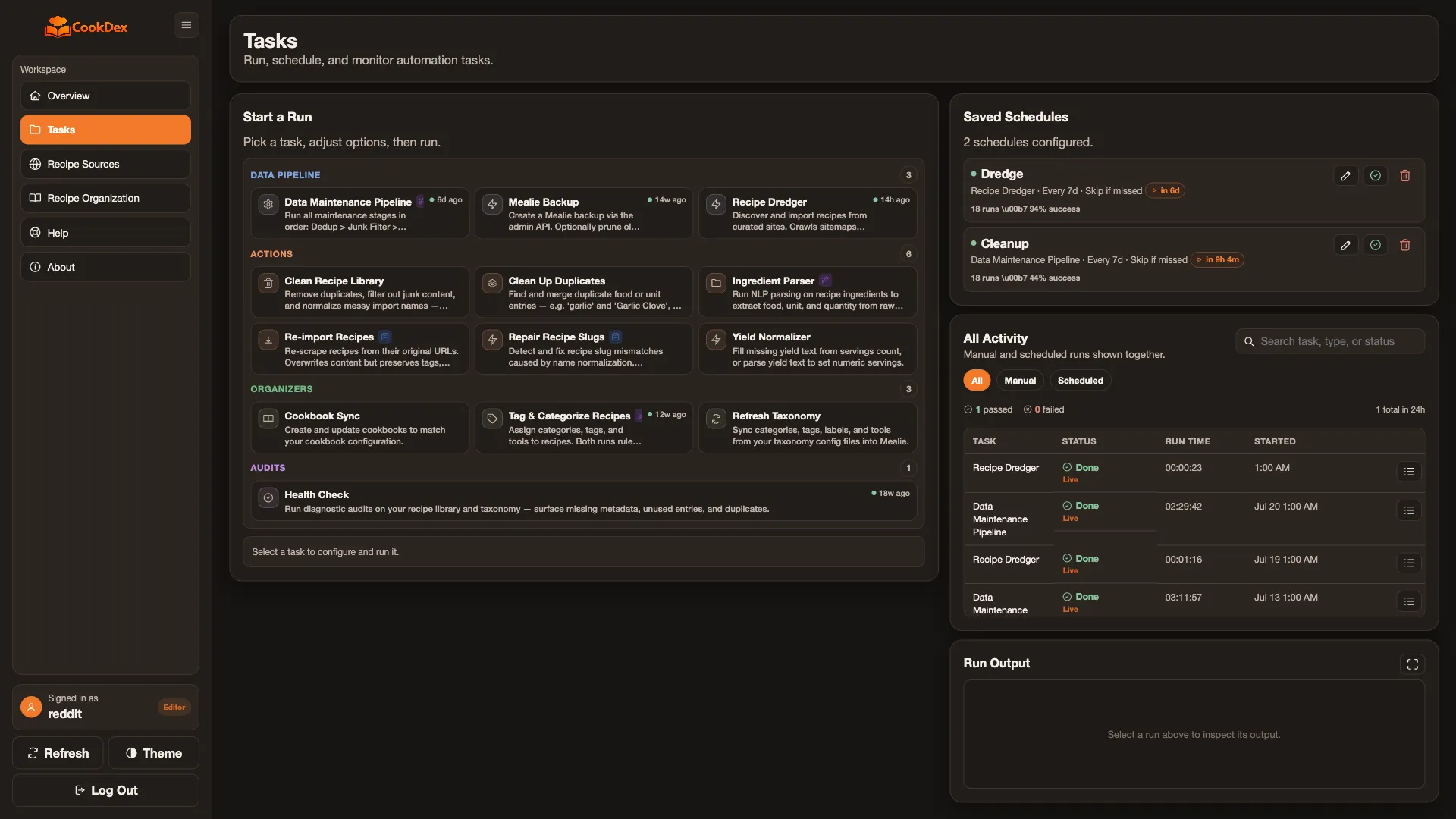 The All tools page with a task's options.
