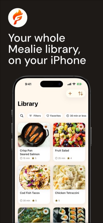 Your whole Mealie library, on your iPhone: the Library tab showing recipes as photo cards.