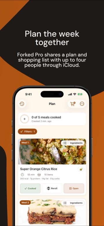 Plan the week together: a shared meal plan in a Forked Pro Household.