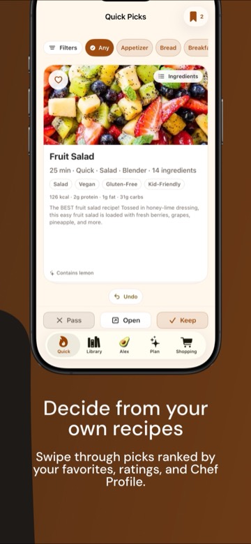 Decide from your own recipes: a Quick Picks card with Pass, Open, and Keep buttons.