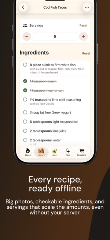 Every recipe, ready offline: a recipe page with checkable ingredients and servings that scale the amounts.