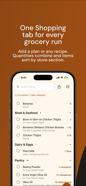 One Shopping tab for every grocery run: a list grouped by store section with combined quantities.